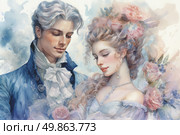 A romantic watercolor illustration in the spirit of the Rococo era depicts a couple in love - a young aristocrat with noble features and a woman with a gentle, refined expression. The man is in an exquisite blue tailcoat with lace, the woman in a light dress decorated with pearls and flowers. The composition is filled with pastel shades, roses and a light haze of dreaminess, emphasizing the atmosphere of love, elegance and sentimental beauty. Стоковое AI-изображение, AI-художник Анна Кривицкая / Фотобанк Лори