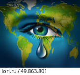World poverty and natural disaster relief causing a refugee crisis from poor countries suffering from drought and war or regional conflicts resulting in famine as an earth map with a sad tear crying from an eye of a child, Стоковое фото, агентство Ingram Publishing / Фотобанк Лори