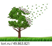 Spending money from savings and losing your investments and managing your debt and financial budget with a green tree in the shape of a dollar sign with leaves falling off as an icon of wealth loss and downgrade. Стоковое фото, агентство Ingram Publishing / Фотобанк Лори
