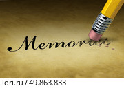 Memory loss concept with a pencil eraser erasing the word memories on an old  grunge parchment paper as a neurological symbol of growing mental disease as alzheimers and dementia. Стоковое фото, агентство Ingram Publishing / Фотобанк Лори
