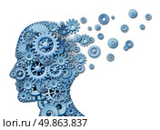 Brain loss and losing memory and intelligence due to neurological trauma and head injury or alzheimers disease  caused by aging with gears and cogs in the shape of a human face showing cognitive loss and thinking function. Стоковое фото, агентство Ingram Publishing / Фотобанк Лори