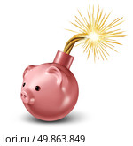 Economic bomb with a piggy bank in the shape of an iconic bomb with a lit fuse ready to explode into financial and business disaster and savings debt problems caused by overspending and bad budgeting of finances. Стоковое фото, агентство Ingram Publishing / Фотобанк Лори