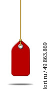 Blank red price tag label with a hanging string tied to the paper as a commercial symbol of marketing and advertising a sale or discount on merchandise or services that are on special in a liquidation at a store. Стоковое фото, агентство Ingram Publishing / Фотобанк Лори