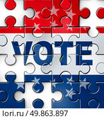 Democracy vote and voting problems and irregularities in casting an election choice that is fair and transparent as a broken puzzle with missing jigsaw pieces as a symbol of American conservative and liberal political campaign issues. Стоковое фото, агентство Ingram Publishing / Фотобанк Лори