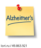 Alzheimers neurological disease with yellow sticky paper reminder office note with a red thumb tack as a medical and health care symbol of brain illness and human memory problems on a white background. Стоковое фото, агентство Ingram Publishing / Фотобанк Лори