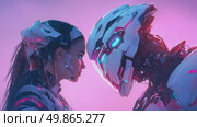 Cybernetic Encounter: Woman and Robot Gaze. Стоковое AI-видео, аниматор Данила Большаков / Фотобанк Лори