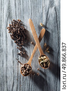 Nutmeg, clove and allspice in old spoon on wooden background with long shadows dramatic contrast light. Стоковое фото, агентство Ingram Publishing / Фотобанк Лори