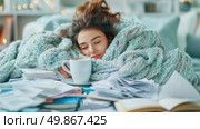 Woman Sleeping Under Blanket with Coffee. Стоковое AI-видео, аниматор Данила Большаков / Фотобанк Лори
