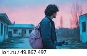 Boy with Backpack in Gloomy Setting. Стоковое AI-видео, аниматор Данила Большаков / Фотобанк Лори