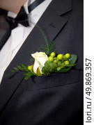 wedding buttonhole with rose on mans suite. Стоковое фото, агентство Ingram Publishing / Фотобанк Лори