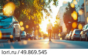 Summer stroll: A person walking into a sun-drenched street lined with parked autos and trees, creating a sense of freedom and adventure. Стоковое AI-изображение, AI-художник Данила Большаков / Фотобанк Лори