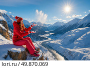 На фотографии изображена молодая женщина, сидящая на краю заснеженного утёса в горах Алтая. Она одета в ярко-красный зимний костюм, включая тёплую куртку с меховой опушкой, варежки и вязаную шапку с помпоном. Девушка улыбается и с восторгом подбрасывает снег в воздух — снежная пыль зависла в небе в виде рассыпанного веера. Позади неё открывается завораживающий панорамный вид: мощные горные хребты, покрытые снегом, уходят вдаль, а внизу между скал течёт извилистая река, сверкая под лучами низкого зимнего солнца. Солнечный свет освещает вершины, придавая сцене ощущение свежести, свободы и радости. Всё фото передаёт настроение зимнего отдыха на Алтае — полного простора, красоты и ощущения "на краю мира". Стоковое AI-изображение, AI-художник Sergey Starostin / Фотобанк Лори