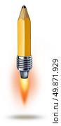 Creative power symbol as a pencil with a rocket blasting off representing business success and leadership in imagination and breaking new creativity ground on a white background. Стоковое фото, агентство Ingram Publishing / Фотобанк Лори