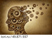 Dimentia brain problem medical  and health care concept symbol on a grunge parchment texture as a vintage document with gears and cogs as icons of medicine and human intelligence. Стоковое фото, агентство Ingram Publishing / Фотобанк Лори