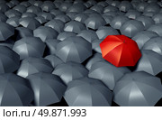 Standing Out From The Crowd with a red umbrella against a group of gray umbrellas as a storm weather business concept of unique and different protection and security. Стоковое фото, агентство Ingram Publishing / Фотобанк Лори