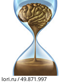 Losing your memory problems as a mental illness symbol of Dementia and Alzheimer’s disease with an hour glass and time icon of sand shaped as a human brain as loss of intelligence function. Стоковое фото, агентство Ingram Publishing / Фотобанк Лори