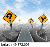 Questions and clear strategy and solutions for business leadership with a straight path to success choosing the right strategic path with yellow traffic signs cutting through a maze of tangled roads and highways. Стоковое фото, агентство Ingram Publishing / Фотобанк Лори