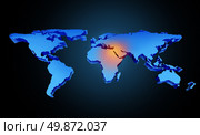 Global earth middle east crisis with a conflict zone of the persian gulf and crude oil symbol with countries as Iran Israel Egypt Libya Kuwait Syria Saudi Arabia focused with a blue map and red highlight. Стоковое фото, агентство Ingram Publishing / Фотобанк Лори