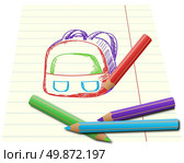 Colorful pnecils drawing school backpack on lined paper. Стоковая иллюстрация, агентство Ingram Publishing / Фотобанк Лори