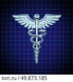 Caduceus health care symbol and medical icon as a medicine concept with snakes crawling on a pole with wings on a chrome metal texture on a black graph background. Стоковое фото, агентство Ingram Publishing / Фотобанк Лори
