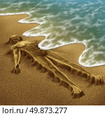 Human aging and disease with a body sculpted from sand on the beach with the ocean washing it away with the tide as a concept of dying or health loss due to age and illness as alzheimer dementia or terminal cancer. Стоковое фото, агентство Ingram Publishing / Фотобанк Лори