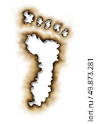 Carbon footprint or conservation symbol with  damaged burnt paper edges in the shape of a foot print as an icon of global warming with nature and the environment stopping pollution due to burning on a white background. Стоковое фото, агентство Ingram Publishing / Фотобанк Лори