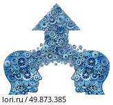 Corporate partnership and business teamwork growth concept with two human head shapes merging together to form an upward pointing arrow made of gears and cogs as a financial success symbol on a white background. Стоковое фото, агентство Ingram Publishing / Фотобанк Лори