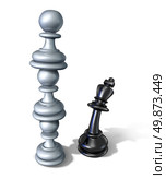Business team symbol and teaming up to defeat a powerful opponent with three chess pawns stacked one on top of each other forming a strong partnership that towers over the fearful king as a winning financial strategy. Стоковое фото, агентство Ingram Publishing / Фотобанк Лори