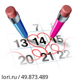 Valentines day with two three dimensional pencils in color blue and pink drawing a red heart shape around a calendar of Febuary the fourteen as a reminder of a romantic love concept for a date or marriage anniversary on white. Стоковое фото, агентство Ingram Publishing / Фотобанк Лори