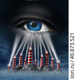 Group power with different ideas coming together for a common vision and team strategy for a creative unified business plan as light house towers beaming connected focus into a human eye on a storm sky. Стоковое фото, агентство Ingram Publishing / Фотобанк Лори