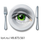 Food Health inspection and quality control for restaurants and kitchen meal preparation services as a plate fork and knife and a human eye looking out for the best choice in the contents of what we eat on white. Стоковое фото, агентство Ingram Publishing / Фотобанк Лори