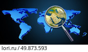 Planet earth middle eastern crisis with political issues of the persian gulf and crude oil with countries as Iran Israel Egypt Libya Kuwait Syria Saudi Arabia focused with a magnifying glass on black. Стоковое фото, агентство Ingram Publishing / Фотобанк Лори