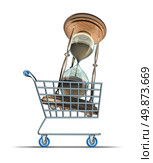 Buying time and purchasing medication to increase lifespan and longevity drugs for human body health endurance with a shopping cart transporting an hourglass on a white background. Стоковое фото, агентство Ingram Publishing / Фотобанк Лори