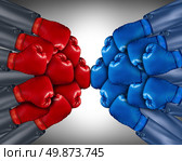 Group competition ready for a biusiness fight with a network of corporate people wearing red and blue boxing gloves competing together in the open market using strategy and planning to win. Стоковое фото, агентство Ingram Publishing / Фотобанк Лори