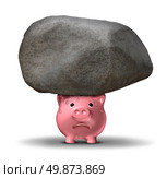 Financial pressure and the emotional stress of money worries business savings concept caused by the burden of heavy debt with a worried piggy bank supporting a giant rock. Стоковое фото, агентство Ingram Publishing / Фотобанк Лори