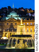 Fountain at neues Schloss New palace in Stuttgart city center, Germany at dusk. Стоковое фото, агентство Ingram Publishing / Фотобанк Лори