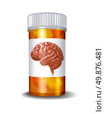 Psychiatric drugs and brain medicine medical concept with a prescription medication bottle with pills inside and a label with an image of a human brain for health care and pharmaceutical therapy. Стоковое фото, агентство Ingram Publishing / Фотобанк Лори
