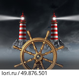 Decision Stress crossroad and choosing the right path away from danger and hazardous choices in business with a ship wheel and two opposite shinning light lighthouse towers on a foggy night sky. Стоковое фото, агентство Ingram Publishing / Фотобанк Лори