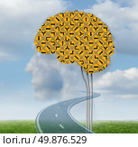 Brain functioning with a group of confusing yellow road signs in the shape of a human brain on a summer sky with clouds shaped as a head as a mental health concept. Стоковое фото, агентство Ingram Publishing / Фотобанк Лори