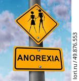 Anorexia disease and eating disorder medical concept with the psychological fear of getting fat or gaining weight as a yellow traffic sign with a symbol of very skinny and underweight people walking. Стоковое фото, агентство Ingram Publishing / Фотобанк Лори