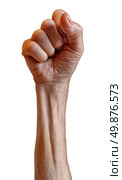 Senior power as a old person struggle for political rights as a revolution fist with the arm and clenched human hand of an elderly grandparent isolated on a white background. Стоковое фото, агентство Ingram Publishing / Фотобанк Лори
