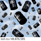 Falling oil prices with a group of three dimensional crude barrels and drum containers as they fall from the sky as a business concept of the gasoline energy and fossil fuel industry. Стоковое фото, агентство Ingram Publishing / Фотобанк Лори
