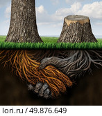 Broken partnership problems as two trees with roots shaped as a business handshake with one tree cut down and the root rotting as a concept of a lost or canceled contract and partner disagreement. Стоковое фото, агентство Ingram Publishing / Фотобанк Лори