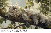 A cat rests in a tree, comfortably settled among the branches, with eyes closed, basking in the dappled sunlight. Стоковое AI-изображение, AI-художник Данила Большаков / Фотобанк Лори