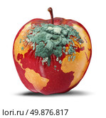 Global problems and environmental Issues concerning the health of the planet earth as a decaying red apple with a map of the world rotting with growing green fungus as a concept of political and conservation crisis on white. Стоковое фото, агентство Ingram Publishing / Фотобанк Лори