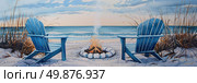 A painting featuring two blue chairs positioned in front of a fire pit. The chairs are empty, suggesting a cozy gathering spot. Стоковое AI-изображение, AI-художник Данила Большаков / Фотобанк Лори