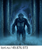 Forest monster concept with a werewolf lurking as a bigfoot creature coming out of a dark scary background with a moon glow behind it as a halloween horror symbol of haunted woods animal. Стоковое фото, агентство Ingram Publishing / Фотобанк Лори