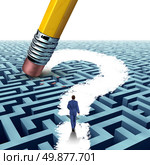 Leadership questions searching for solutions with a businessman walking through a complicated maze opened up by a pencil eraser question mark as a business concept of innovative thinking financial success. Стоковое фото, агентство Ingram Publishing / Фотобанк Лори