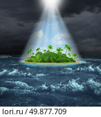 Hope and aspirations success concept with a dark storm ocean background contrasted with a glowing light from above shinning down on a beautiful tropical island as an oasis vision of the promised land. Стоковое фото, агентство Ingram Publishing / Фотобанк Лори