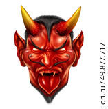 Devil demon halloween monster character with a devilish evil grin as a spooky hot and spicy concept with a red skin horned beast creature and dangerous fangs on a white background. Стоковое фото, агентство Ingram Publishing / Фотобанк Лори
